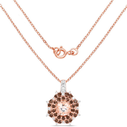 18K Rose Gold Plated 1.61 Carat Genuine Morganite, Smoky Quartz and White Zircon .925 Sterling Silver Pendant