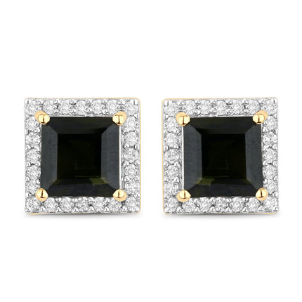 1.55 Carat Genuine Green Tourmaline and White Diamond 14K Yellow Gold Earrings