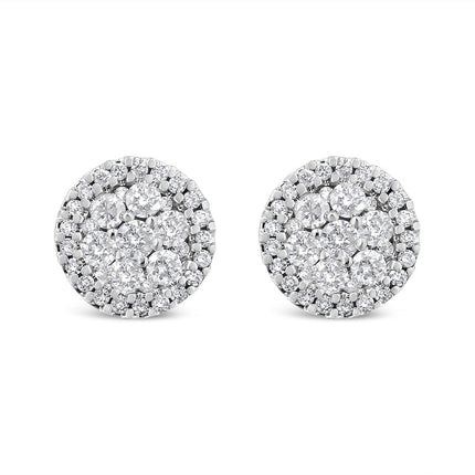 AGS Certified 14K White Gold 1.0 Cttw Brilliant-Cut Diamond Halo-Style Cluster Round Button Stud Earrings (G-H Color, I1-I2 Clarity)