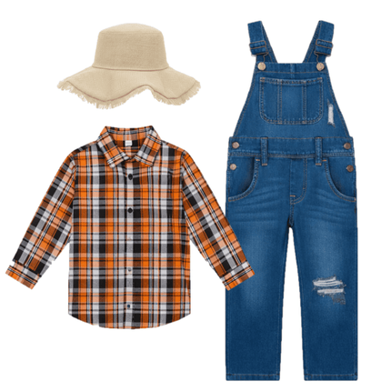 Kids Farmer Costume – Overalls with Pants, Plaid Shirt & Straw Hat Farm Outfit