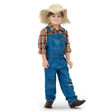Kids Farmer Costume – Overalls with Pants, Plaid Shirt & Straw Hat Farm Outfit