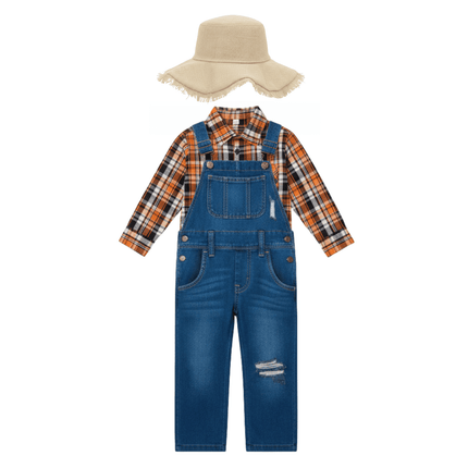 Kids Farmer Costume – Overalls with Pants, Plaid Shirt & Straw Hat Farm Outfit