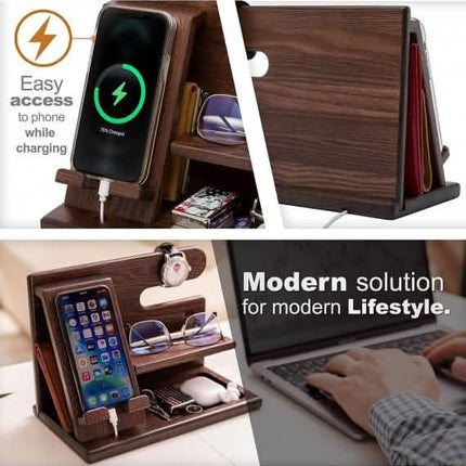 TESLYAR Wood Phone Docking Station Ash Key Holder Wallet Stand