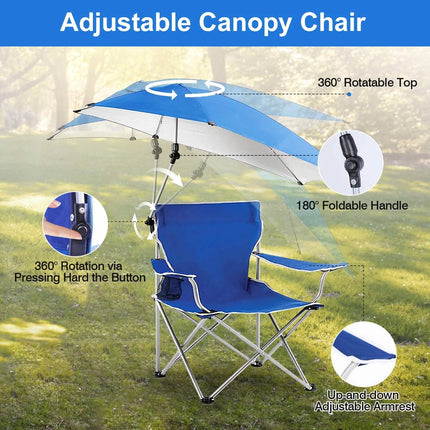 Foldable Beach Chair with Detachable Armrest Adjustable Canopy Stool with Cup Holder