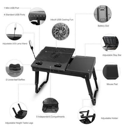 Foldable Laptop Table Bed Notebook Desk with Cooling Fan Mouse Board