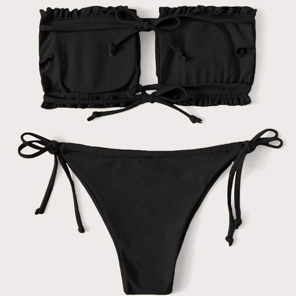 Frill Trim Bandeau Tie Side Bikini Swimsuit