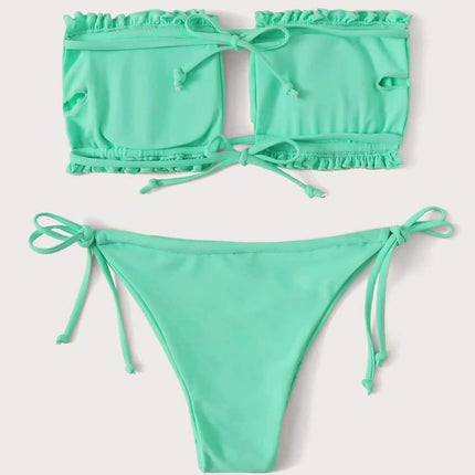 Frill Trim Bandeau Tie Side Bikini Swimsuit