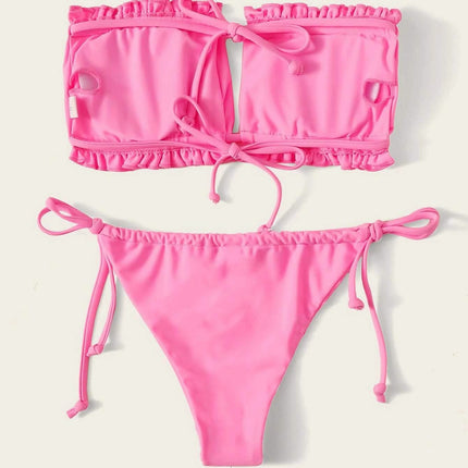 Frill Trim Bandeau Tie Side Bikini Swimsuit