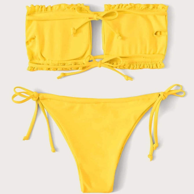 Frill Trim Bandeau Tie Side Bikini Swimsuit