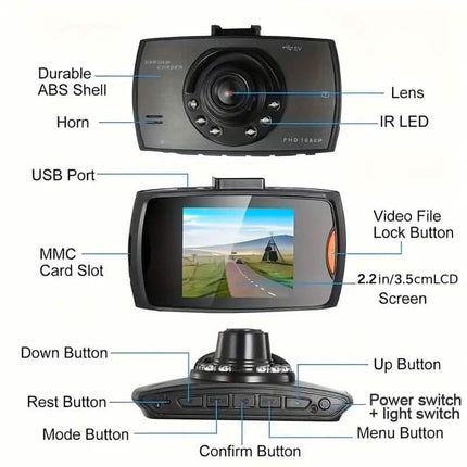 Full HD 1080P Camera Dash Cam with 140° Wide Angle View and IR Night Vision