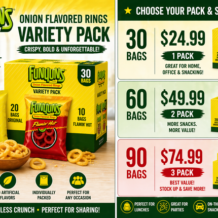 Funyuns Onion Flavored Rings Variety Pack (30 Bags) – Original & Flamin’ Hot Snack Mix