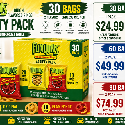 Funyuns Onion Flavored Rings Variety Pack (30 Bags) – Original & Flamin’ Hot Snack Mix
