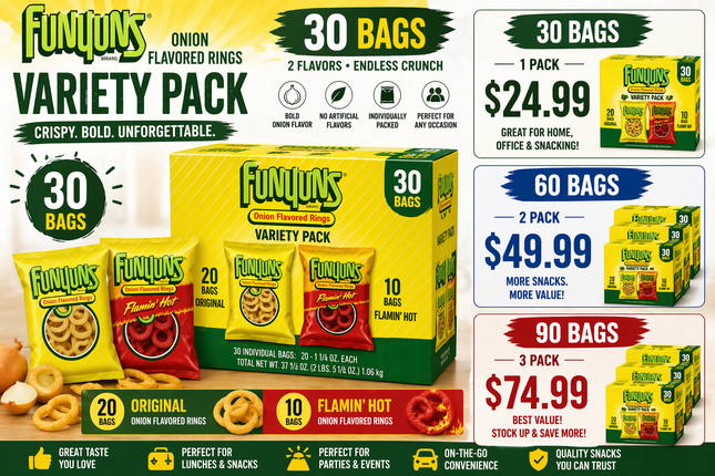 Funyuns Onion Flavored Rings Variety Pack (30 Bags) – Original & Flamin’ Hot Snack Mix