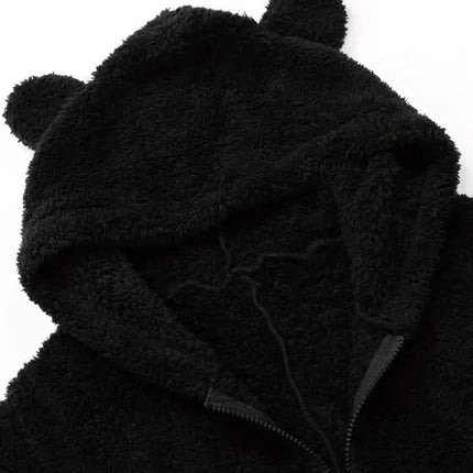 Fuzzy Hooded Pajama Jumpsuit For Music Festival, Long Sleeve Zipper Lingerie & Sleepwear