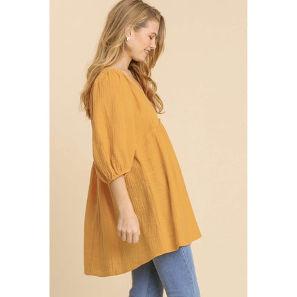 Gauze Slub V-neck Frayed Edge Detail Tunic Dress