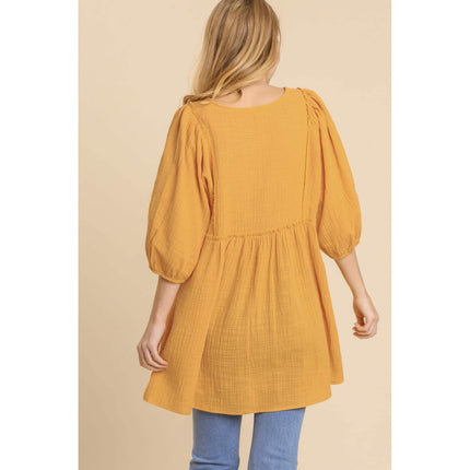 Gauze Slub V-neck Frayed Edge Detail Tunic Dress