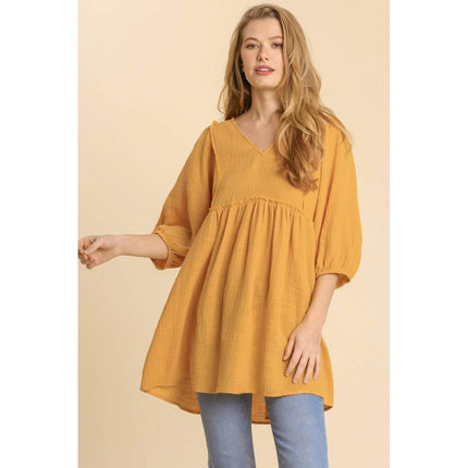 Gauze Slub V-neck Frayed Edge Detail Tunic Dress