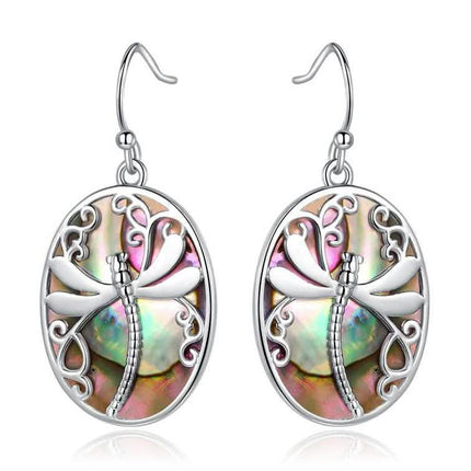 Genuine Blue Abalone Pearl Dragonfly Hook Drop Earrings