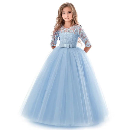 Girls' Floral Lace Solid Tulle Maxi Short Sleeve Vintage Gowns Dresses
