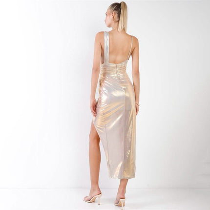 Gold Iridescent V-neck Wrap Gathered Deep Side Slit Different Straps Maxi Dress