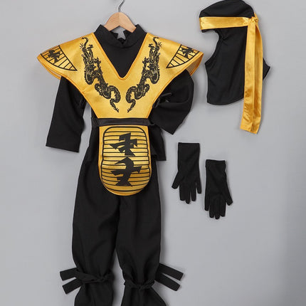 Kids Ninja Costume Black Gold – Boys Ninja Outfit with Hood, Tunic & Belt Set Halloween Dress Up Costume