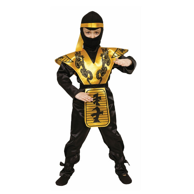 Kids Ninja Costume Black Gold – Boys Ninja Outfit with Hood, Tunic & Belt Set Halloween Dress Up Costume