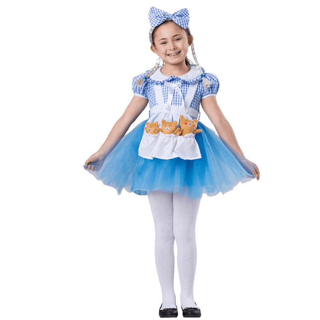 Kids Goldilocks Costume with Blue Dress, Apron and Braided Headband