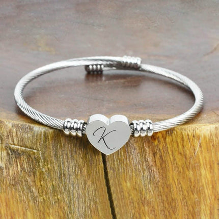 Heart Cable Initial Bracelet Hypoallergenic and Adjustable