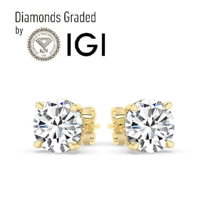 IGI,F/VS1 ,2 CT Solitaire Lab-Grown Round Diamond Studs Earring, 18K Yellow Gold