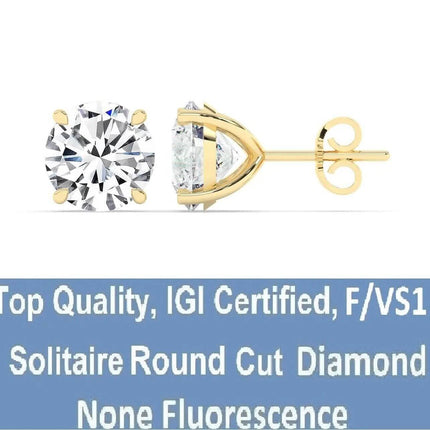IGI,F/VS1 ,2 CT Solitaire Lab-Grown Round Diamond Studs Earring, 18K Yellow Gold