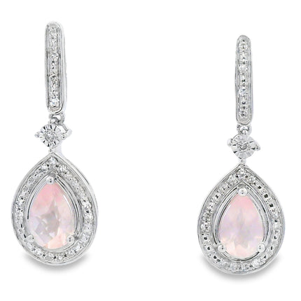 Rose Quartz Diamond Dangle Earrings 10KT White Gold