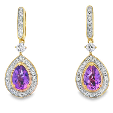 .88ct Amethyst Diamond Dangle Earrings 10KT Yellow Gold