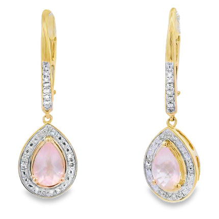 Rose Quartz Diamond Dangle Earrings 10KT Yellow Gold