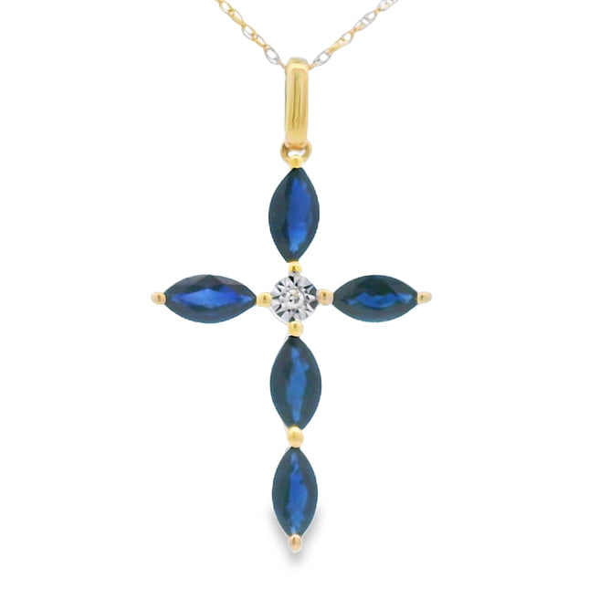 Sapphire Cross Religious Pendant 10KT Yellow Gold