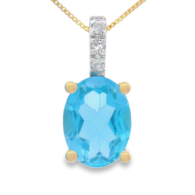 Blue Topaz & Diamond Pendant in 10K Yellow Gold – Elegant Fashion Necklace for Women