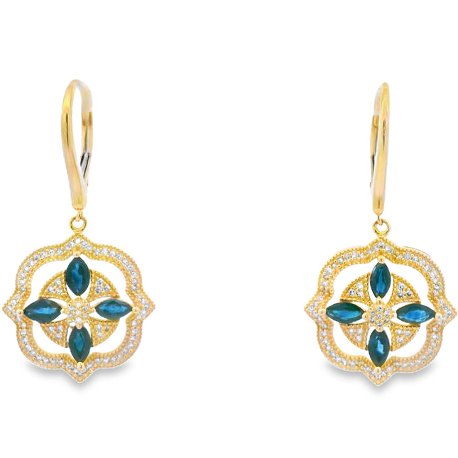 Sapphire Diamond Dangle Earrings 14KT Yellow Gold
