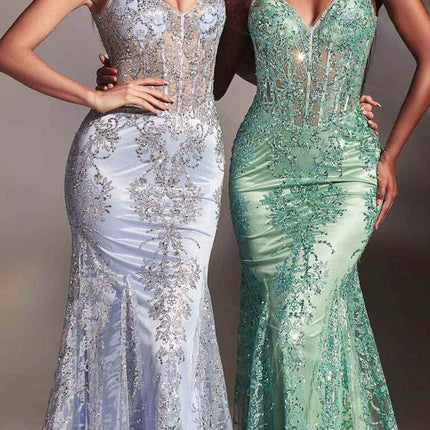 Cinderella Divine J810 Long Fitted Mermaid Gown Metallic Embroidered Lace