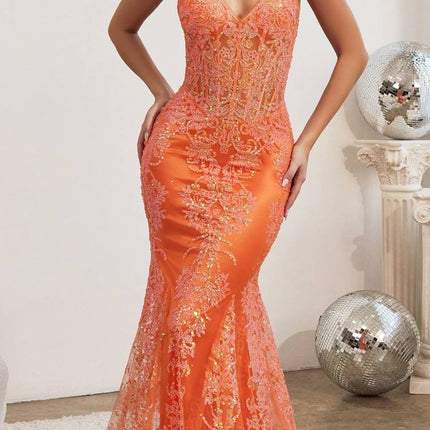 Cinderella Divine J810 Long Fitted Mermaid Gown Metallic Embroidered Lace
