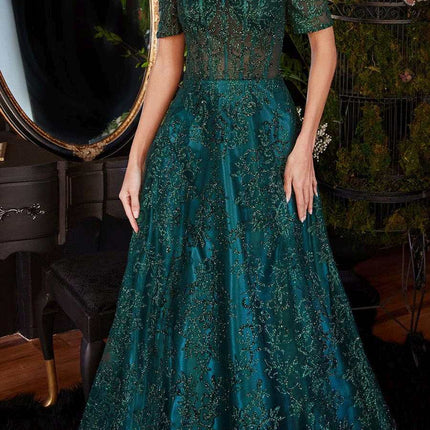 Ladivine J835 Floor Length Off the Shoulder A-line Glitter Print Gown
