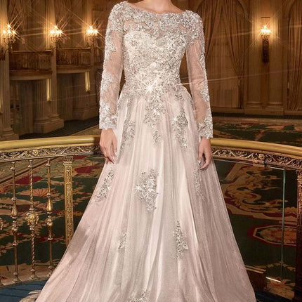 Ladivine J883W Wedding A-Line Ball Gown Long Sleeves Lace Applique