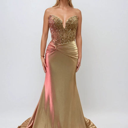 Juliet JT2534K Strapless Sweetheart Boned Corset Satin Prom Gown