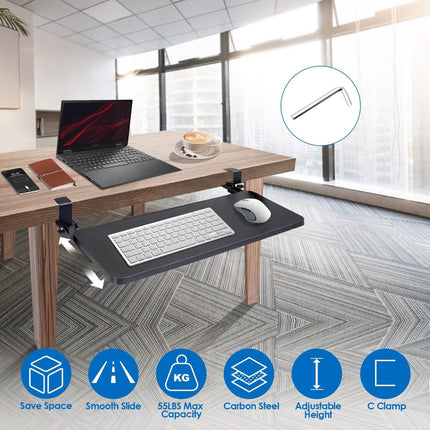 Keyboard Mouse Tray Under Desk Retractable Slide Out Drawer with C Clamp