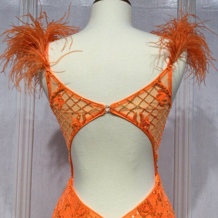 Ladivine KV1076 Floor Length Neon Orange Ball Gown with Feathers