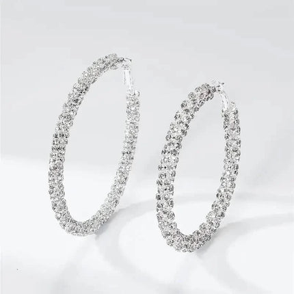 Large Full Rhinestone Silver Hoop Earrings