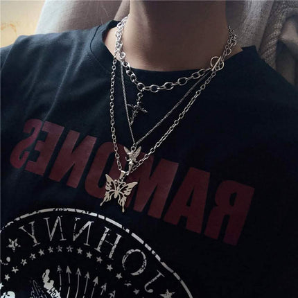 Layered Butterfly Cross Angel Pendant Necklace