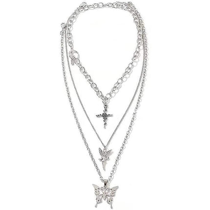 Layered Butterfly Cross Angel Pendant Necklace