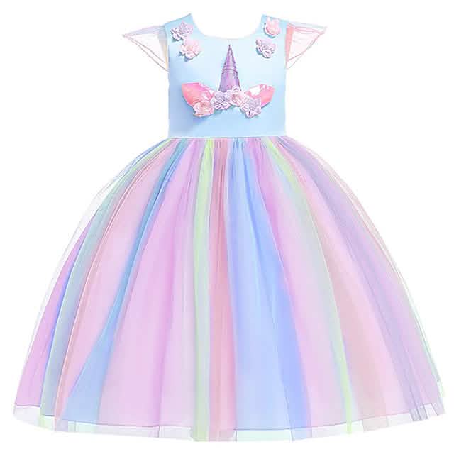 Little Girls' Dress Unicorn Rainbow Patchwork Colorful Tulle Dress