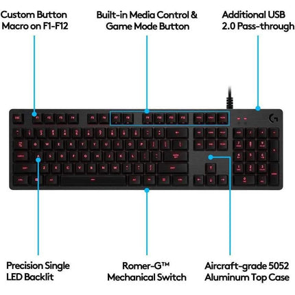 Logitech G413 Backlit Mechanical Gaming Keyboard USB Passthrough Carbon (Refurbished)