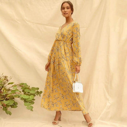 Long Sleeve Fashion Casual High Waist Maxi Dress Slim Floral Print V Neck