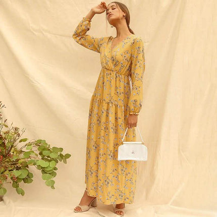 Long Sleeve Fashion Casual High Waist Maxi Dress Slim Floral Print V Neck